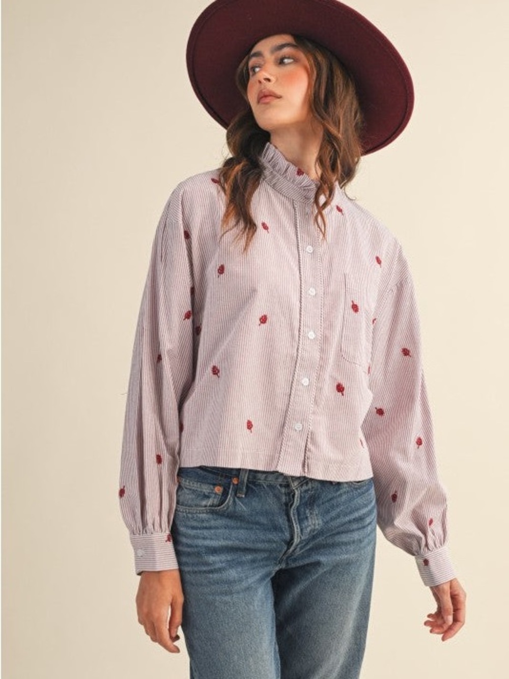 Amber Button Down Blouse Stripe Embroidered Mock Neck Striped Button Up Top